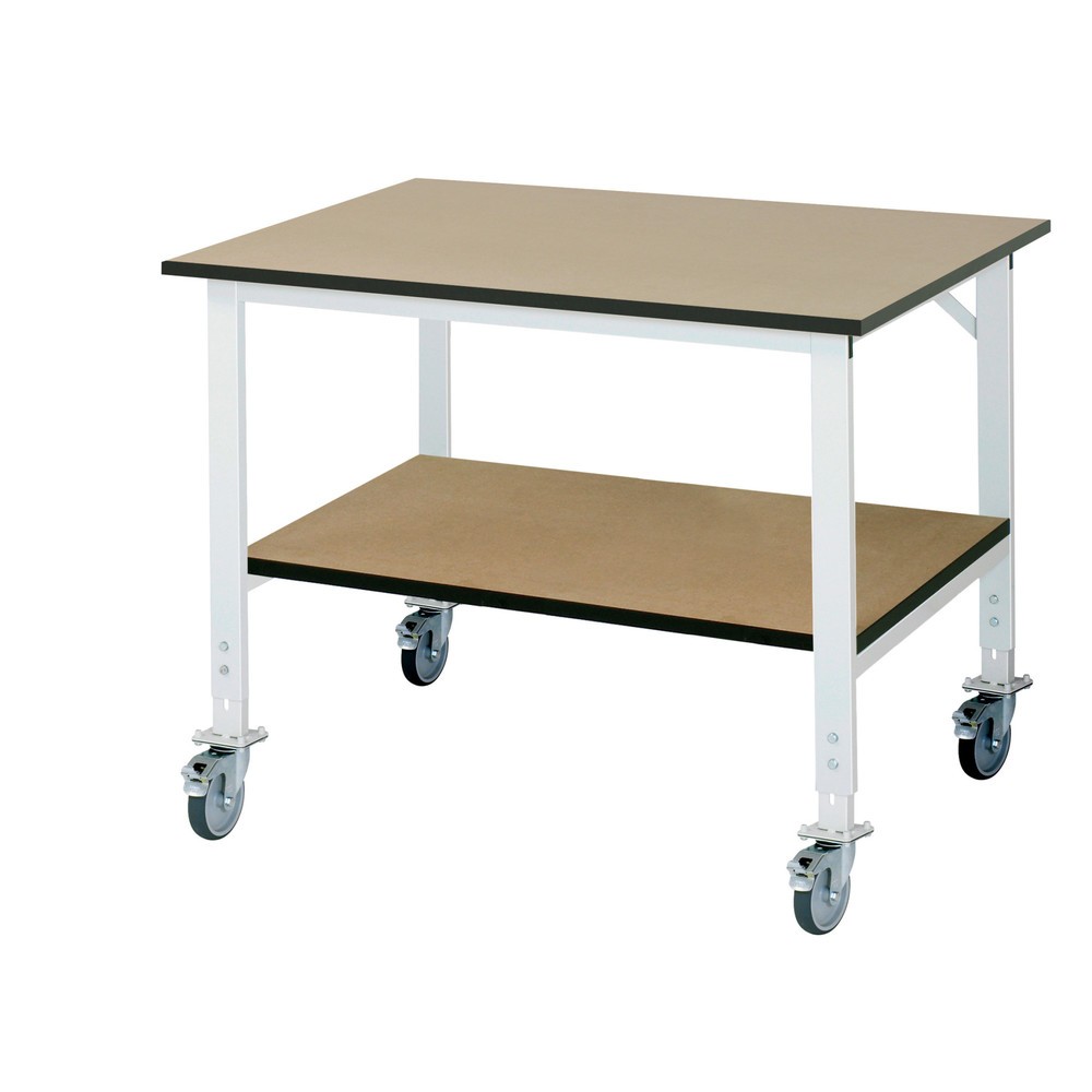 RAU höhenverstellbarer, mobiler Werktisch Serie TOM mit Ablageboden, HxBxT 910-1.230 x 1.250 x 1.000 mm, MDF Arbeitsplatte