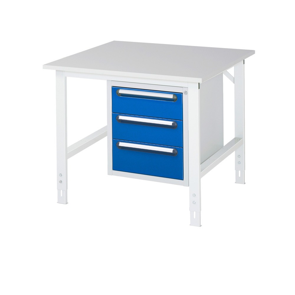 RAU höhenverstellbarer Werktisch Serie TOM, HxBxT 760-1.080 x 1.000 x 1.000 mm, 3 Schubladen, Arbeitsplatte Melamin-Belag