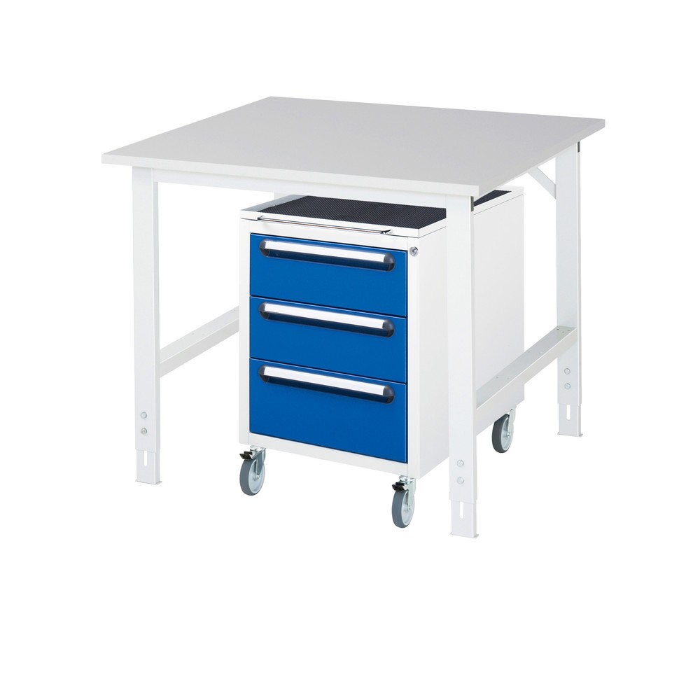 RAU Werkstatt-Set TOM 2-teilig, mit Werktisch, HxBxT 760-1.080 x 1.000 x 1.000 mm, Arbeitsplatte Melamin-Belag, zzgl. Roll-Container mit 3 Schubladen, HxBxT 690 x 480 x 600 mm