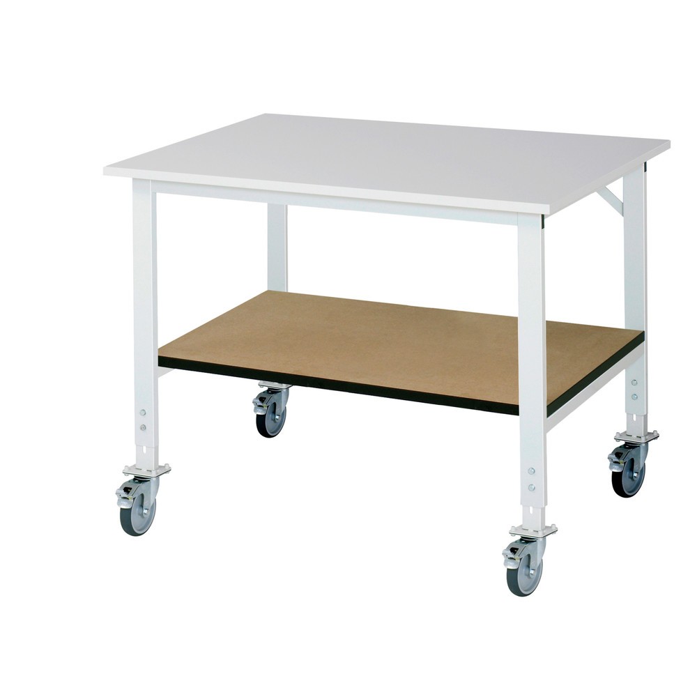 RAU höhenverstellbarer, mobiler Werktisch Serie TOM mit Ablageboden, HxBxT 910-1.230 x 1.250 x 1.000 mm, Arbeitsplatte Melamin-Belag
