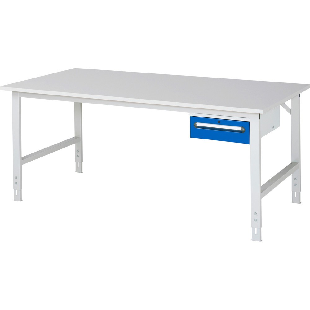 RAU höhenverstellbarer Werktisch Serie TOM, HxBxT 760-1.080 x 2.500 x 1.000 mm, 1 Schublade, Arbeitsplatte Melamin-Belag