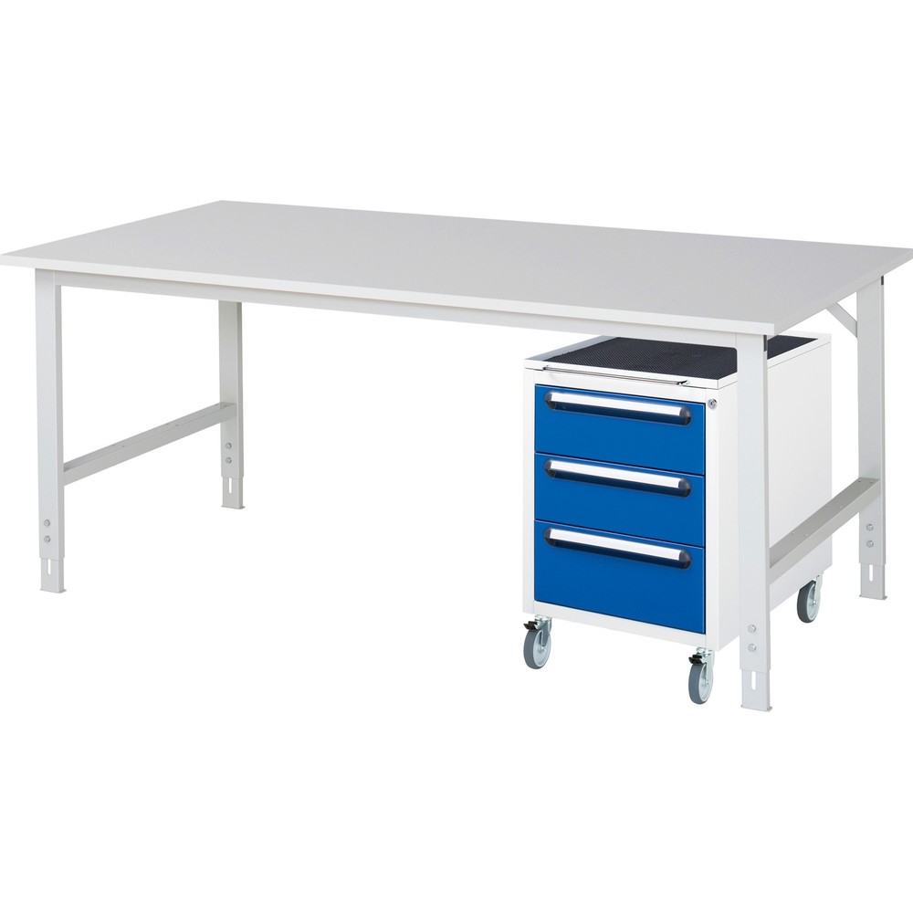 RAU Werkstatt-Set TOM 2-teilig, mit Werktisch, HxBxT 760-1.080 x 2.500 x 1.000 mm, Arbeitsplatte Melamin-Belag, zzgl. Roll-Container mit 3 Schubladen, HxBxT 690 x 480 x 600 mm