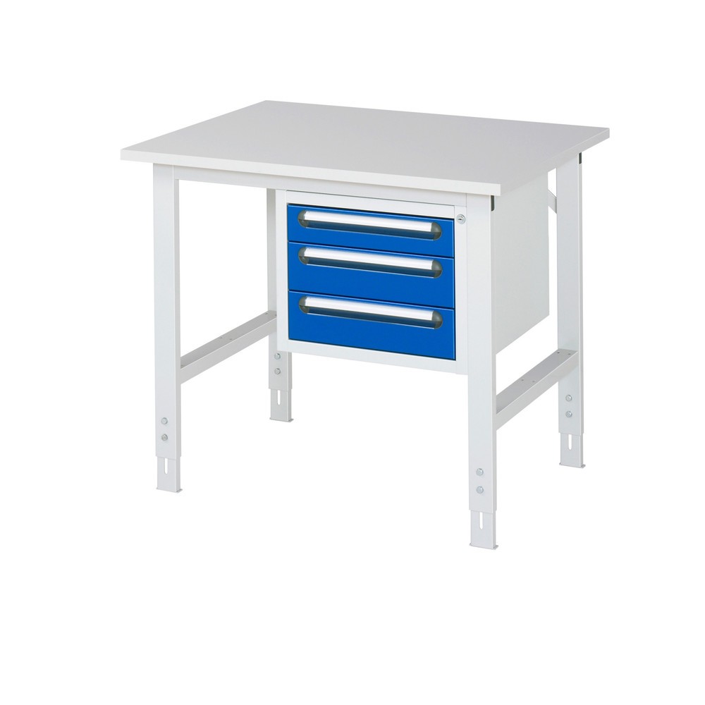 RAU höhenverstellbarer Werktisch Serie TOM, HxBxT 760-1.080 x 1.000 x 800 mm, 3 Schubladen, Arbeitsplatte Melamin-Belag