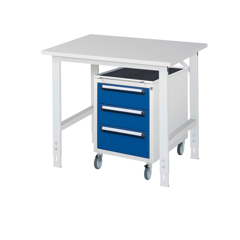 RAU Werkstatt-Set TOM 2-teilig, mit Werktisch, HxBxT 760-1.080 x 1.000 x 800 mm, Arbeitsplatte Melamin-Belag, zzgl. Roll-Container mit 3 Schubladen, HxBxT 690 x 480 x 600 mm