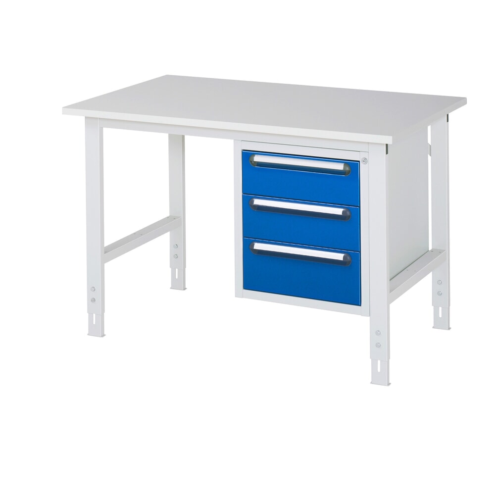 RAU höhenverstellbarer Werktisch Serie TOM, HxBxT 760-1.080 x 1.250 x 800 mm, 3 Schubladen, Arbeitsplatte Melamin-Belag