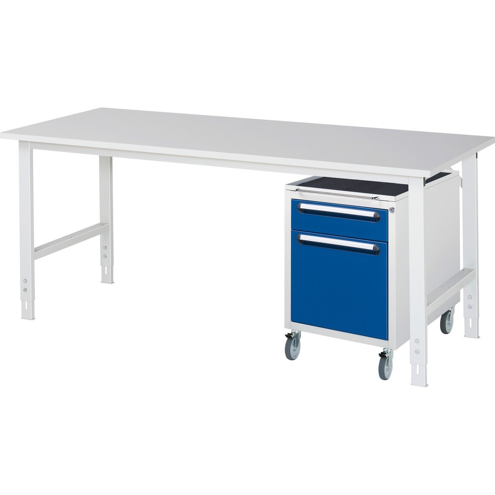 RAU Werkstatt-Set TOM 2-teilig, mit Werktisch, HxBxT 760-1.080 x 2.500 x 800 mm, Arbeitsplatte Melamin-Belag, zzgl. Roll-Container mit 2 Schubladen, HxBxT 690 x 480 x 600 mm