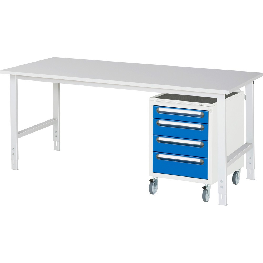 RAU Werkstatt-Set TOM 2-teilig, mit Werktisch, HxBxT 760-1.080 x 2.500 x 800 mm, Arbeitsplatte Melamin-Belag, zzgl. Roll-Container mit 3 Schubladen, HxBxT 690 x 480 x 600 mm