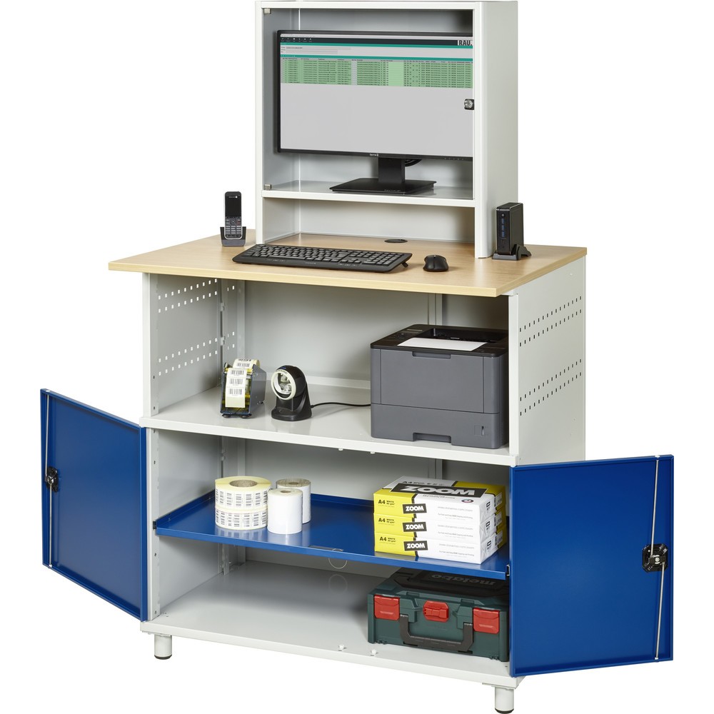 RAU Computer-Tisch, HxBxT 1.810 x 1.100 x 800 mm, Buche Dekor Arbeitsplatte, mit 2 Flügeltüren und Monitorfach