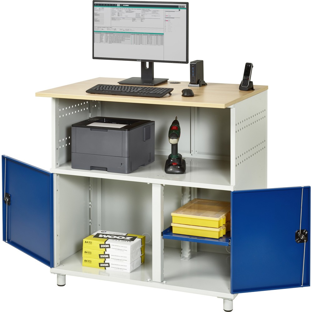 RAU Computer-Tisch, HxBxT 1.100 x 1.100 x 800 mm, Buche Dekor Arbeitsplatte, mit 2 Flügeltüren und Steckdosenleiste