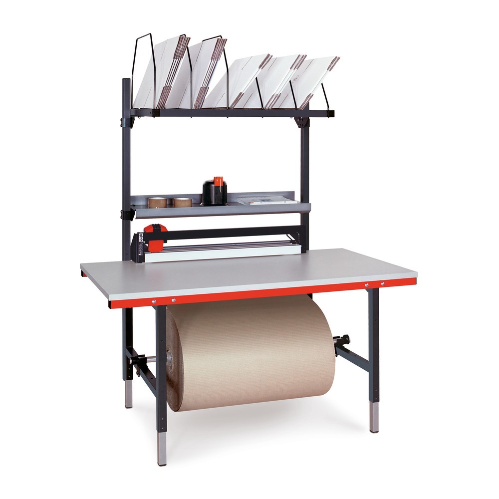 Rocholz Manuell höhenverstellbarer Packtisch SYSTEM 2000, Komplett-Paket mit Schneidvorrichtung, Schnittbreite 1000 mm, HxBxT 690-960 x 1.600 x 800 mm