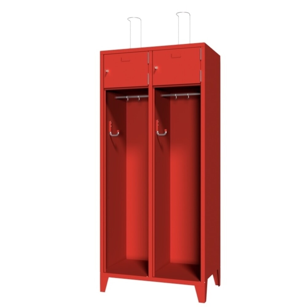 PAVOY Feuerwehrschrank mit Edelstahl-Helmhalter, Füße, 2tlg., AB 400, Schließfachtüren mit Etikettenrahmen und Zylinderschloss