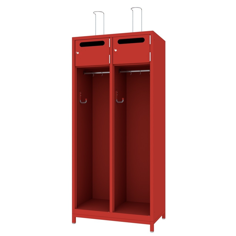 PAVOY Feuerwehrschrank mit Edelstahl-Helmhalter, Untergestell, 2tlg., AB 400, Schliessfachtüren mit Einwurfschlitz und Zylinderschloss