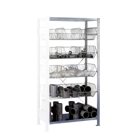 Rayonnage à tablettes SCHULTE avec paniers à mailles grossières, travée auxiliaire