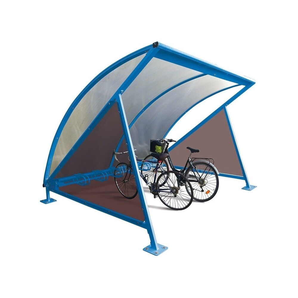 PROCITY® Halbmond-Überdachung, Grundmodell, mit getönten Verkleidungen, Fahrradständer 6 Plätze, blau
