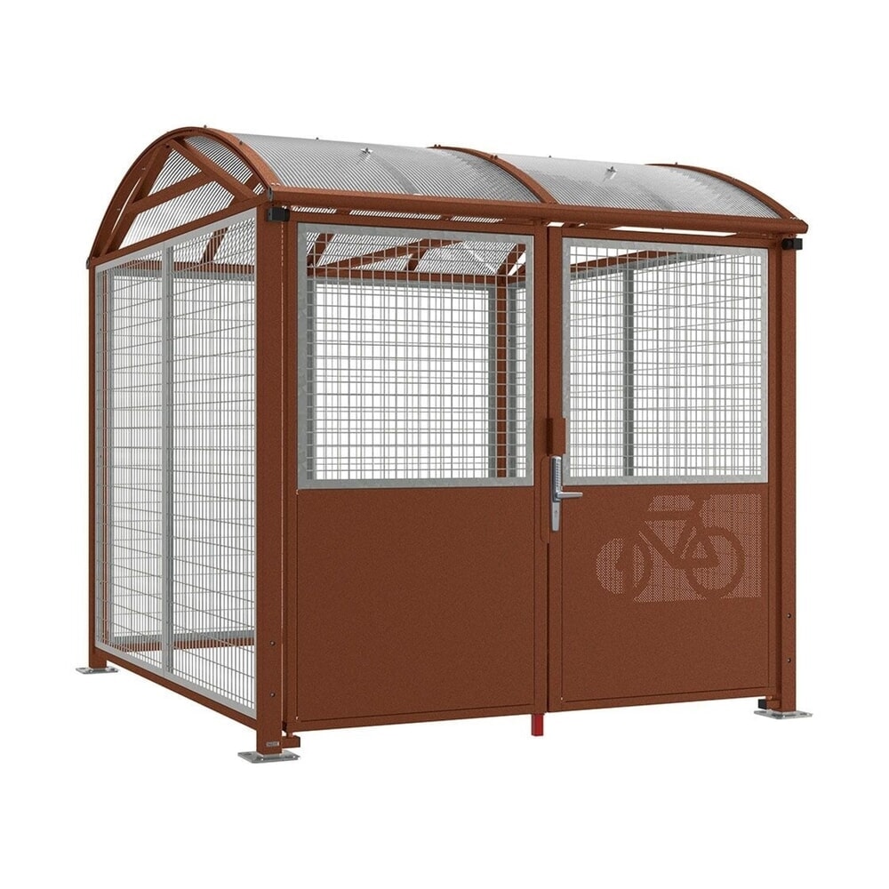 PROCITY® Fahrradunterstand L, Grundmodell, mit Verkleidungen und Tür mit Zahlencode, Stahlgitter feuerverzinkt, Rost Corten Effekt