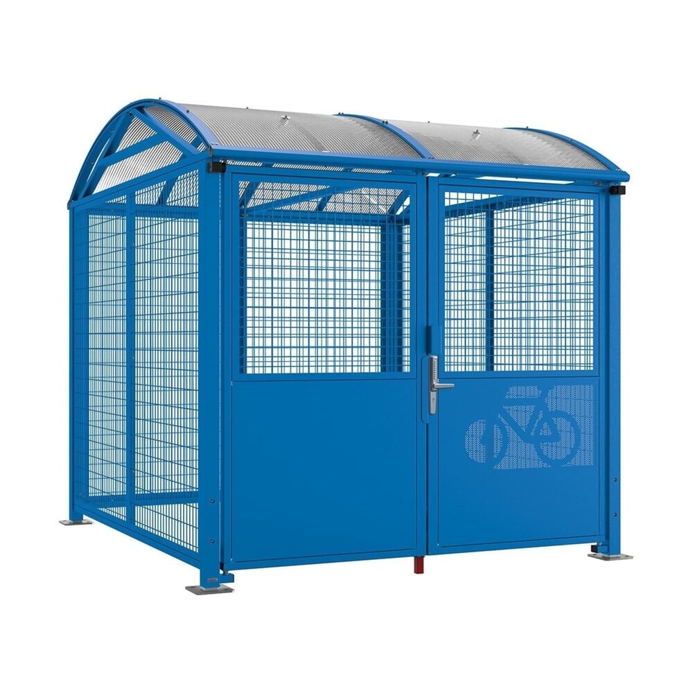 PROCITY® Fahrradunterstand L, Grundmodell, mit Verkleidungen und Tür mit Zahlencode, Stahlgitter beschichtet, blau