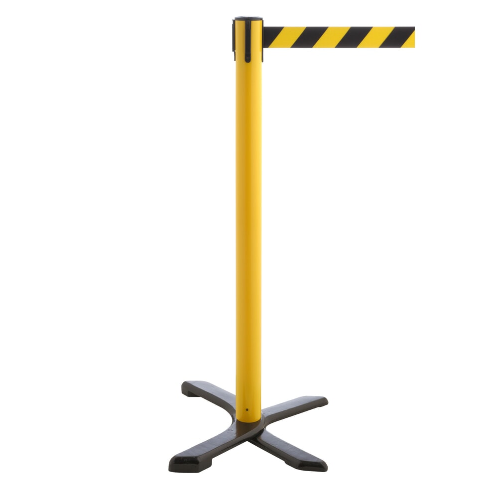 RS-GUIDESYSTEMS® Absperrpfosten Kreuzfuß, Gurtlänge 2,3 m, gelb, schwarz / gelb diagonal gestreift