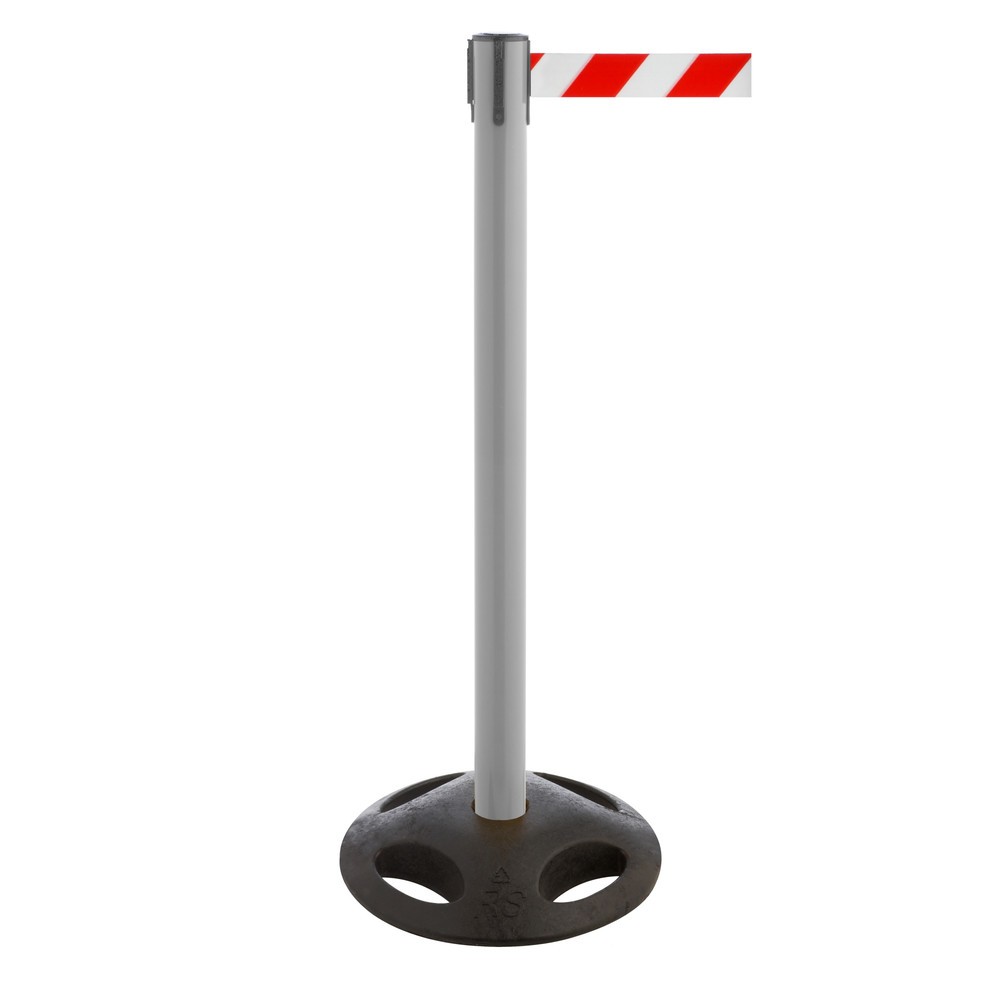 RS-GUIDESYSTEMS® Gurt-Absperrpfosten, Bodenteller aus Verbundwerkstoff, Gurtbreite 100 mm, anthrazit, rot / weiss diagonal gestreift