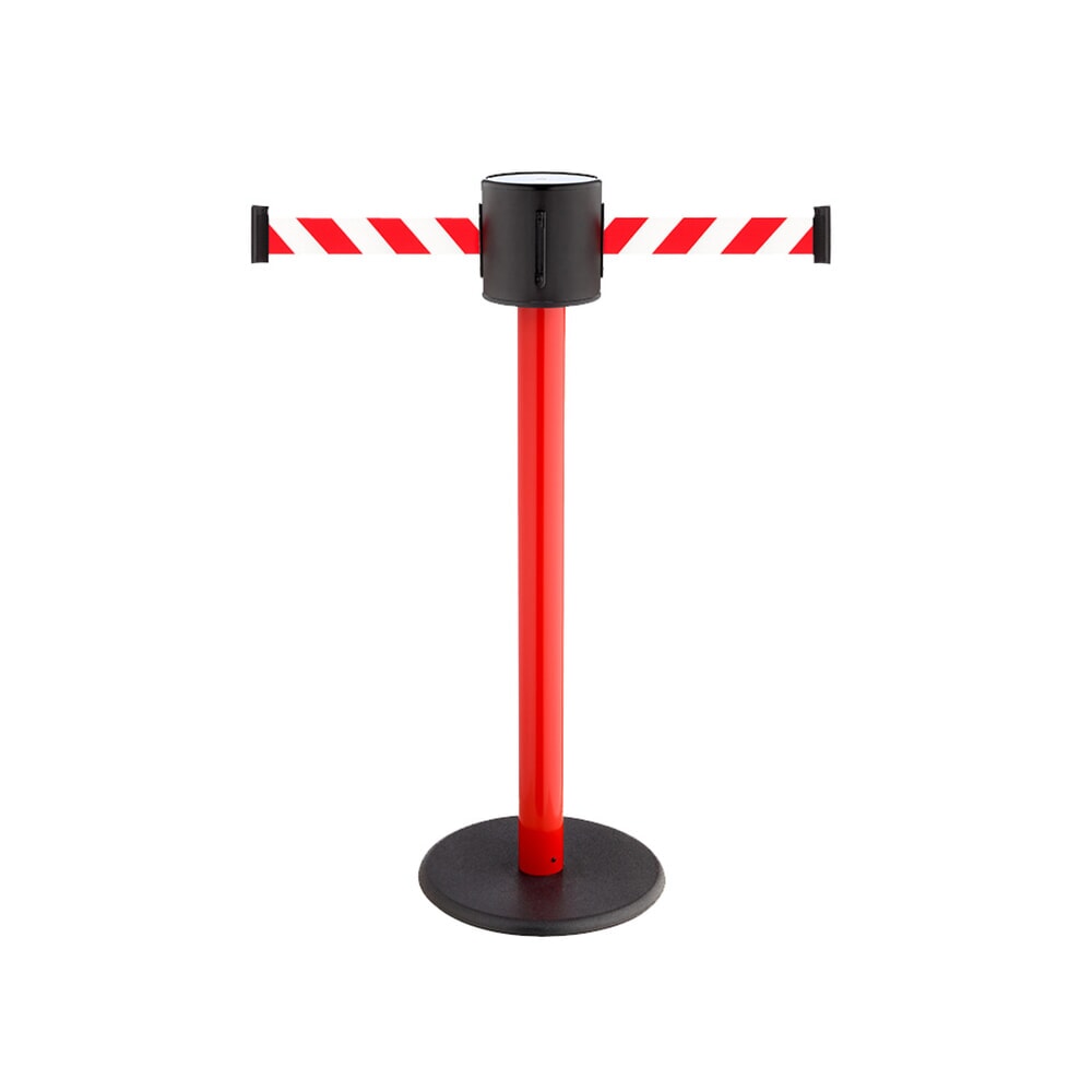 RS-GUIDESYSTEMS® Gurt-Absperrpfosten, 2-seitig, aus Kunststoff + 2 Wandclips, rot / weiß diagonal gestreift, rot