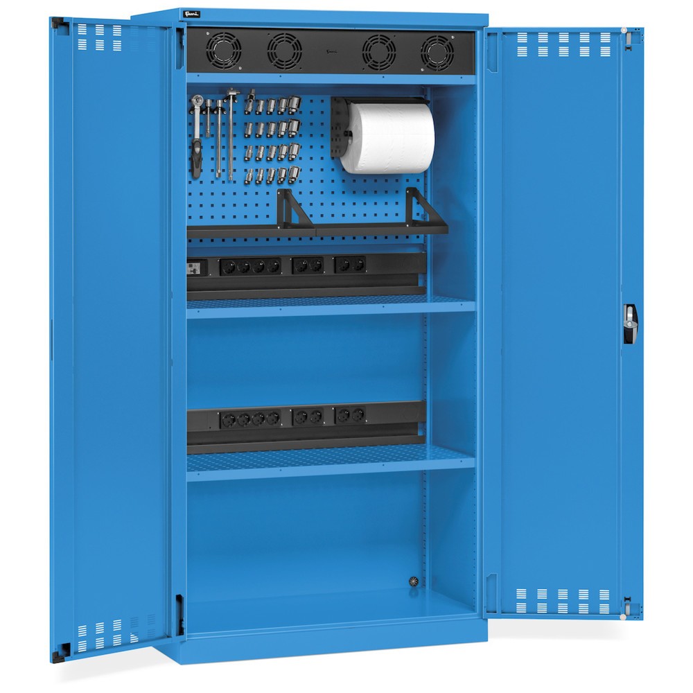 Fami PERFOM Akku-Ladeschrank, 2 Lochböden, Energiekanäle, Steckdosenleisten, Ventilatorgitter, HxBxT 2.000 x 1.023 x 555 mm, lichtblau