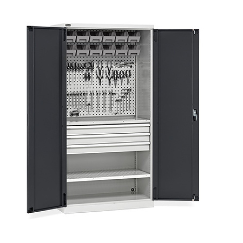 Fami PERFOM Werkstattschrank, 3 Schubladen, Lochplatten, Sichtlagerkasten, HxBxT 2.000 x 1.023 x 555 mm, lichtgrau, anthrazit