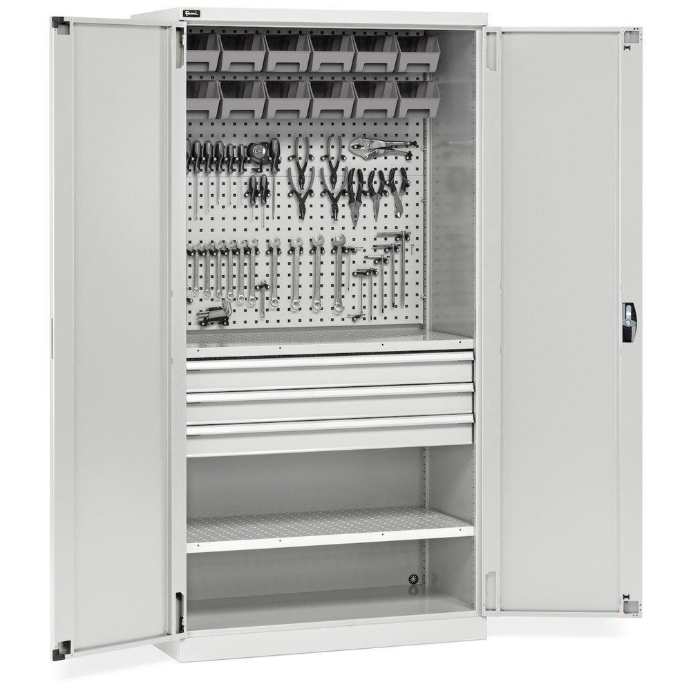 Fami PERFOM Werkstattschrank, 3 Schubladen, Lochplatten, Sichtlagerkasten, HxBxT 2.000 x 1.023 x 555 mm, lichtgrau