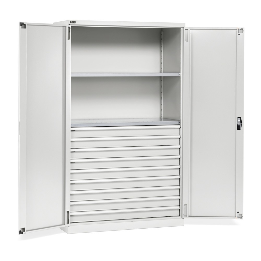 Fami PERFOM Flügeltürschrank, 9 Schubladen, 2 Fachböden, HxBxT 2.000 x 1.193 x 555 mm, lichtgrau