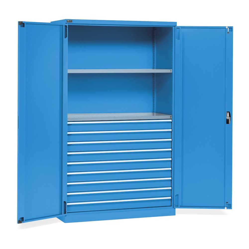 Fami PERFOM Flügeltürschrank, 9 Schubladen, 2 Fachböden, HxBxT 2.000 x 1.193 x 555 mm, lichtblau