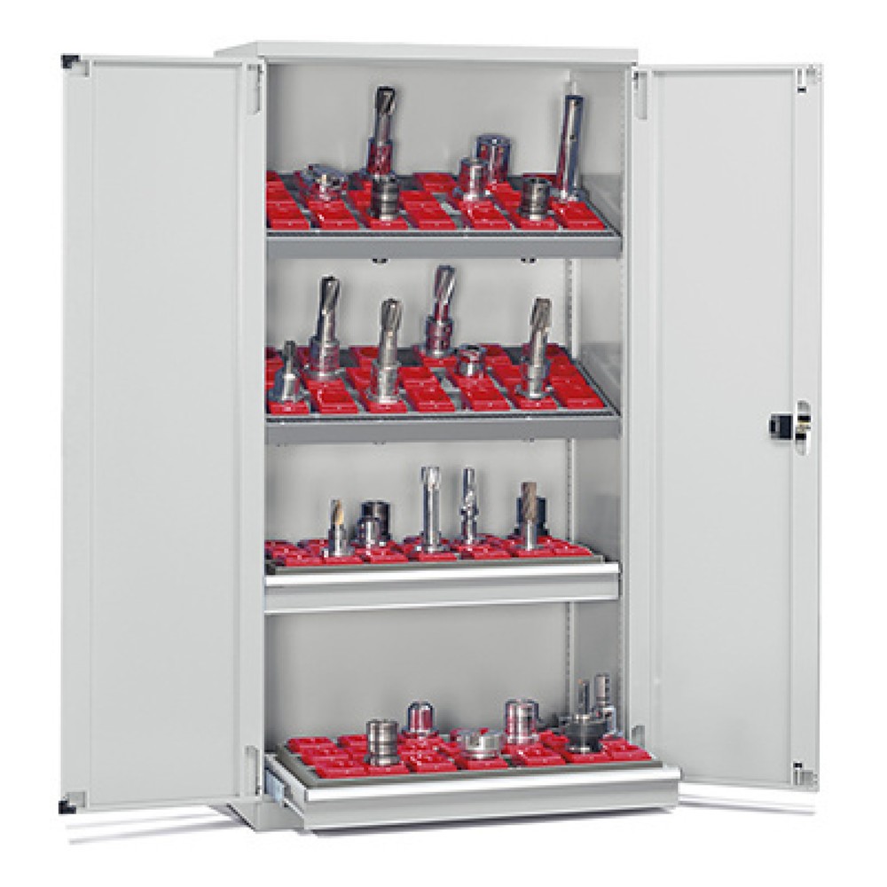 Fami PERFOM Lagersystem für CNC-Werkzeuge, 2 Schubladen, 2 Fachböden, HxBxT 2.000 x 1.023 x 555 mm, 84 Werkzeugeinsätze ISO 40, lichtgrau