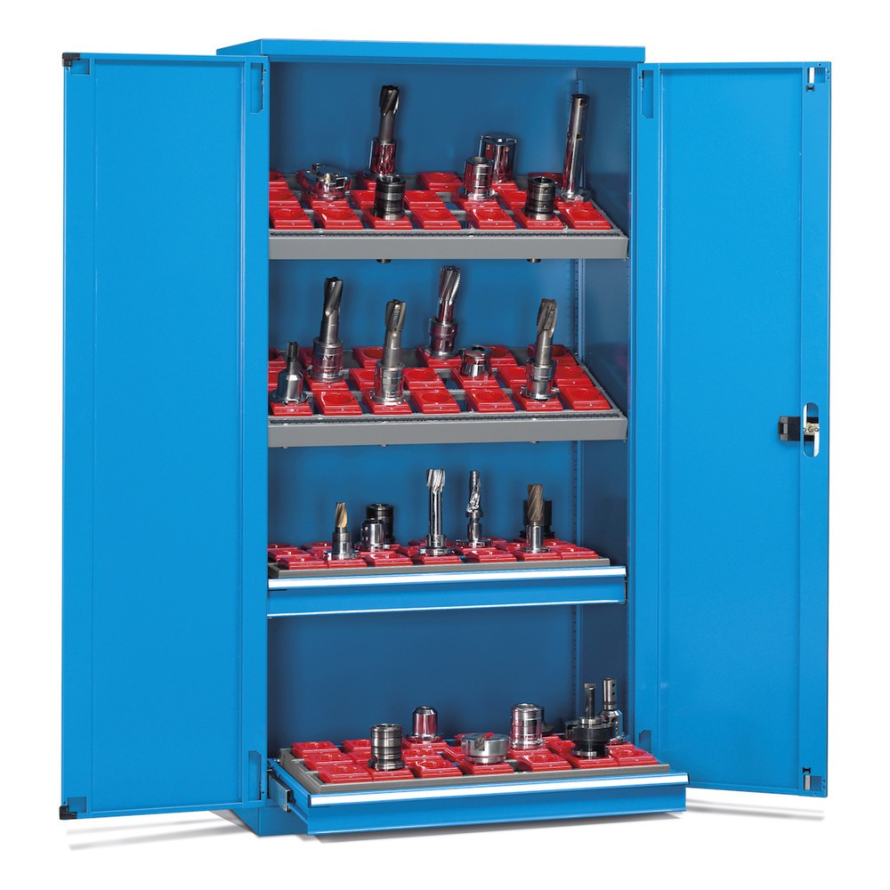 Fami PERFOM Lagersystem für CNC-Werkzeuge, 2 Schubladen, 2 Fachböden, HxBxT 2.000 x 1.023 x 555 mm, 50 Werkzeugeinsätze ISO 50, lichtblau