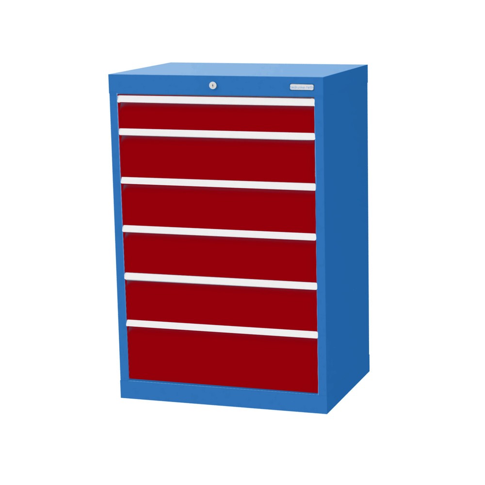 Bedrunka+Hirth Schubladenschrank Profi, Schubladen 1x100 + 4x150 + 1x200 mm, HxBxT 1.019 x 680 x 500 mm, lichtblau/rubinrot