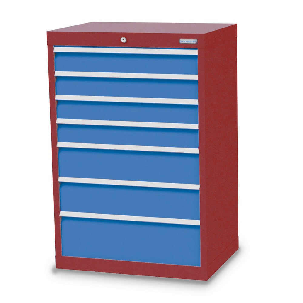 Bedrunka+Hirth Schubladenschrank Profi, Schubladen 4x100 + 2x150 + 1x200 mm, HxBxT 1.019 x 680 x 500 mm, rubinrot/lichtblau