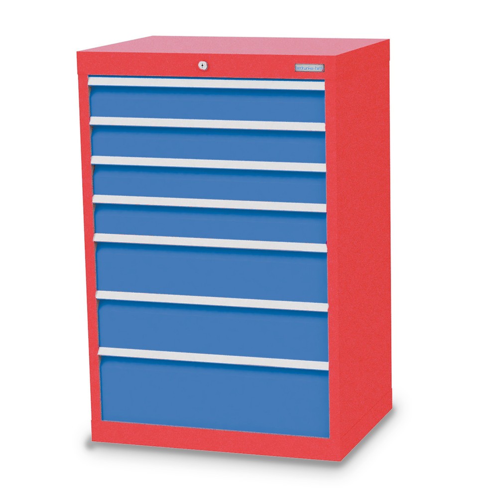 Bedrunka+Hirth Schubladenschrank Profi, Schubladen 4x100 + 2x150 + 1x200 mm, HxBxT 1.019 x 680 x 500 mm, verkehrsrot/lichtblau