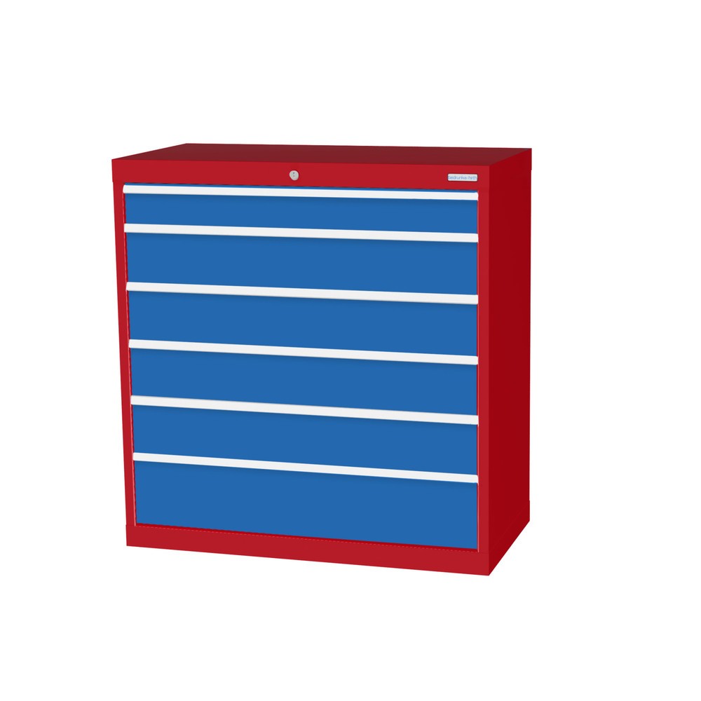 Bedrunka+Hirth Schubladenschrank Profi, Schubladen 1x100 + 4x150 + 1x200 mm, HxBxT 1.019 x 980 x 500 mm, rubinrot/lichtblau