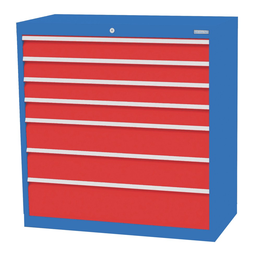 Bedrunka+Hirth Schubladenschrank Profi, Schubladen 4x100 + 2x150 + 1x200 mm, HxBxT 1.019 x 980 x 500 mm, lichtblau/verkehrsrot