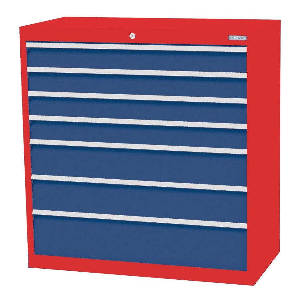 Bedrunka+Hirth Schubladenschrank Profi, Schubladen 4x100 + 2x150 + 1x200 mm, HxBxT 1.019 x 980 x 500 mm, verkehrsrot/enzianblau