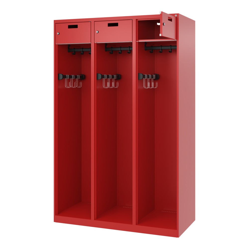 C+P Feuerwehrspind PRAKTUS, Bodengleiter, 3 Abteile, HxBxT 1.850 x 1.200 x 500 mm, feuerrot