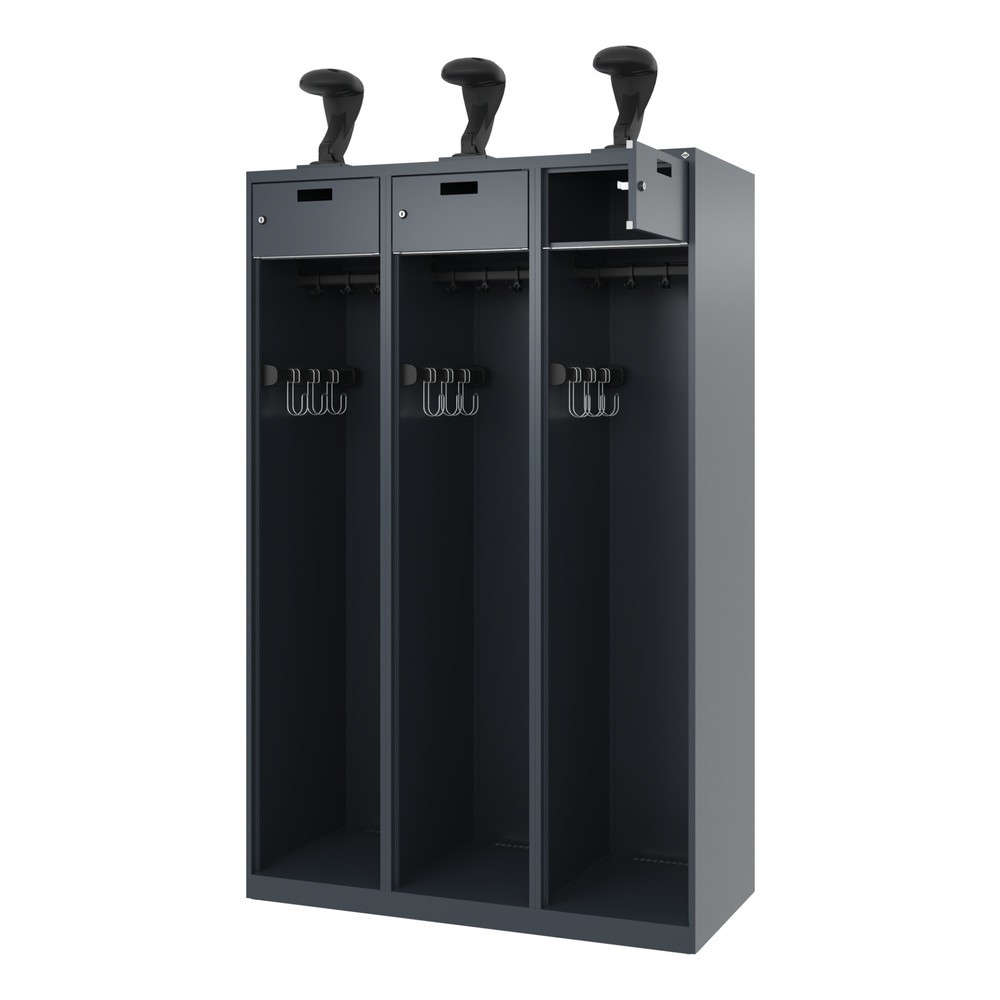 C+P Feuerwehrspind PRAKTUS, Bodengleiter, 3 Abteile, HxBxT 1.850 x 1.200 x 500 mm, anthrazitgrau, mit Helmhalter