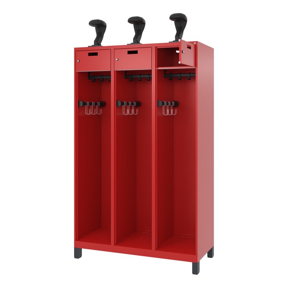 C+P Feuerwehrspind PRAKTUS, Füsse, 3 Abteile, HxBxT 1.850 x 1.200 x 500 mm, feuerrot, mit Helmhalter