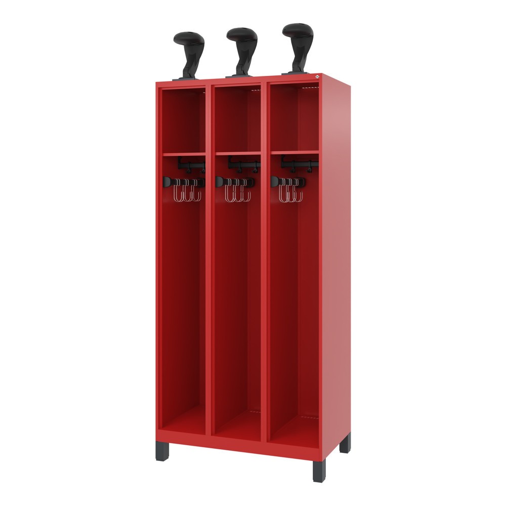 C+P brandweerkast EXPERT, voeten, 3 compartimenten, hxbxd 1.850 x 900 x 500 mm, vuurrood, met helmhouder