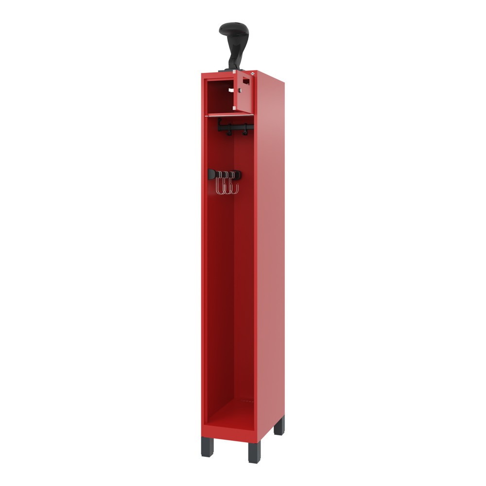 C+P Feuerwehrspind PRAKTUS, Füsse, 1 Abteil, HxBxT 1.850 x 300 x 500 mm, feuerrot, mit Helmhalter
