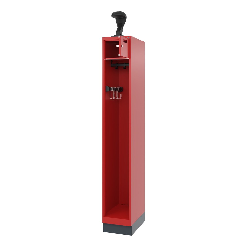 C+P Feuerwehrspind PRAKTUS, Sokel, 1 Abteil, HxBxT 1.850 x 300 x 500 mm, feuerrot, mit Helmhalter