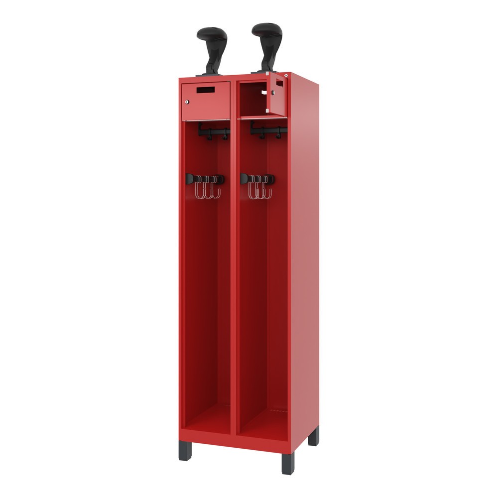 C+P Feuerwehrspind PRAKTUS, Füsse, 2 Abteile, HxBxT 1.850 x 600 x 500 mm, feuerrot, mit Helmhalter