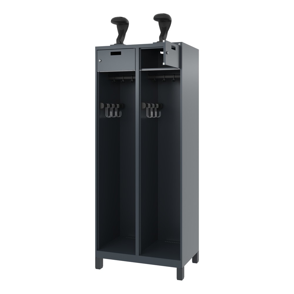 C+P Feuerwehrspind PRAKTUS, Füsse, 2 Abteile, HxBxT 1.850 x 800 x 500 mm, anthrazitgrau, mit Helmhalter