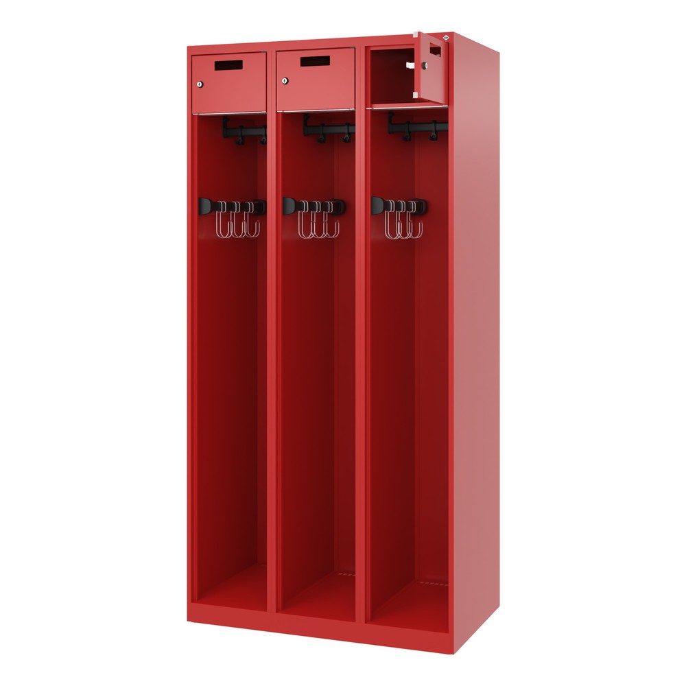 C+P Feuerwehrspind PRAKTUS, Bodengleiter, 3 Abteile, HxBxT 1.850 x 900 x 500 mm, feuerrot