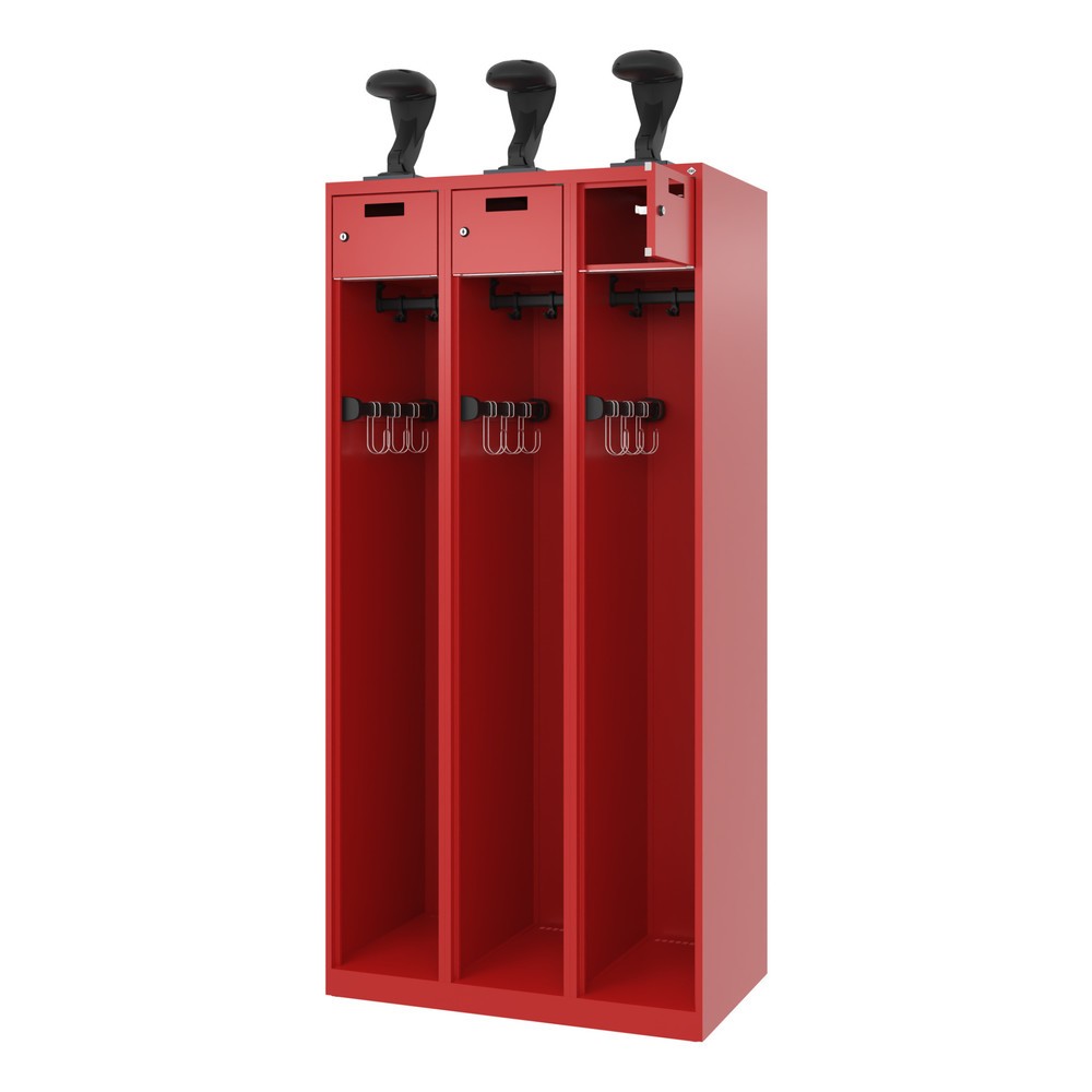 C+P Feuerwehrspind PRAKTUS, Bodengleiter, 3 Abteile, HxBxT 1.850 x 900 x 500 mm, feuerrot, mit Helmhalter