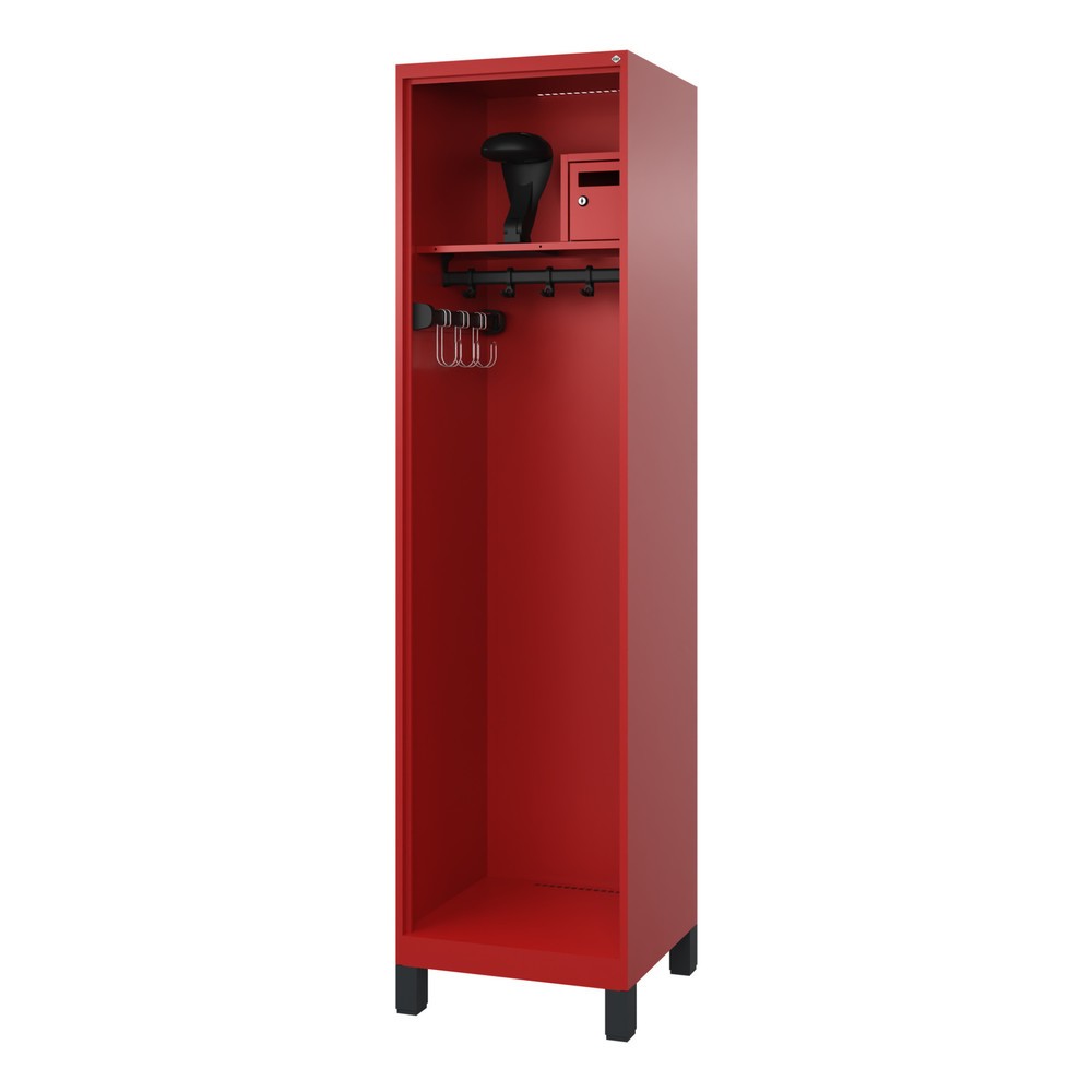 C+P Feuerwehrspind FLEXO, Füsse, 1 Abteil, HxBxT 1.850 x 500 x 500 mm, feuerrot, mit Helmhalter