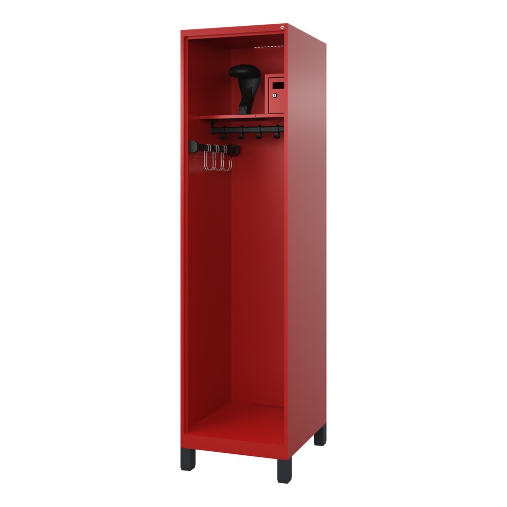 C+P Feuerwehrspind FLEXO, Füsse, 1 Abteil, HxBxT 1.850 x 500 x 600 mm, feuerrot, mit Helmhalter