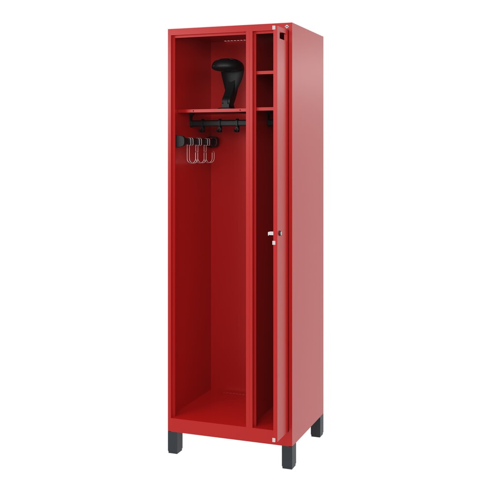 C+P Feuerwehrspind KOMBI, Füße, 1 Abteil, HxBxT 1.850 x 600 x 500 mm, feuerrot, mit Helmhalter
