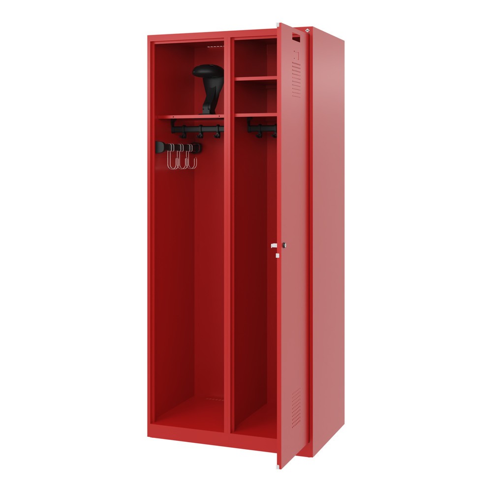 C+P Feuerwehrspind KOMBI, Bodengleiter, 1 Abteil, HxBxT 1.850 x 800 x 500 mm, feuerrot, mit Helmhalter
